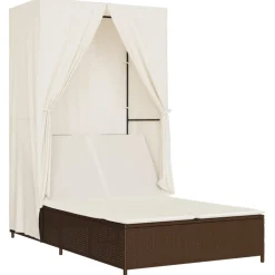 MAISON EXCLUSIVE - Chaise longue double avec toit et rideaux marron résine tressée