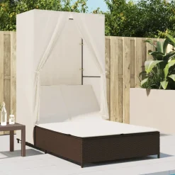MAISON EXCLUSIVE - Chaise longue double avec toit et rideaux marron résine tressée