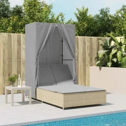 MAISON EXCLUSIVE - Chaise longue double avec toit et rideaux beige résine tressée