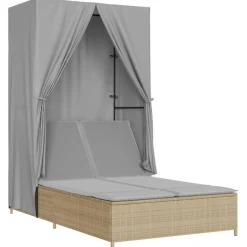 MAISON EXCLUSIVE - Chaise longue double avec toit et rideaux beige résine tressée