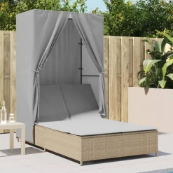 MAISON EXCLUSIVE - Chaise longue double avec toit et rideaux beige résine tressée