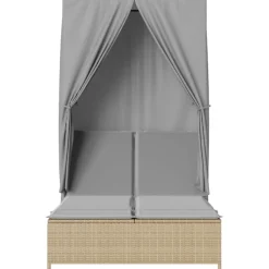MAISON EXCLUSIVE - Chaise longue double avec toit et rideaux beige résine tressée