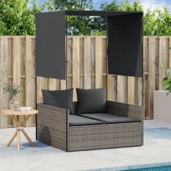 MAISON EXCLUSIVE - Chaise longue double avec toit et rideaux gris résine tressée