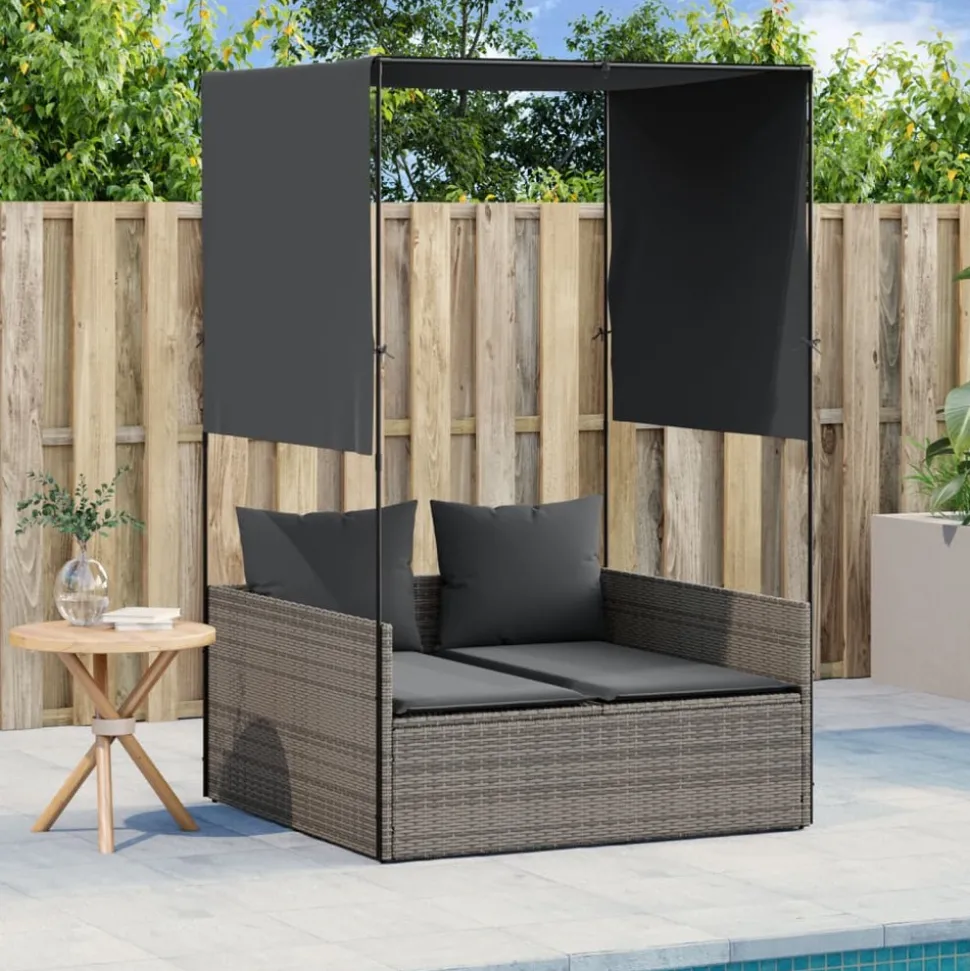 MAISON EXCLUSIVE - Chaise longue double avec toit et rideaux gris résine tressée
