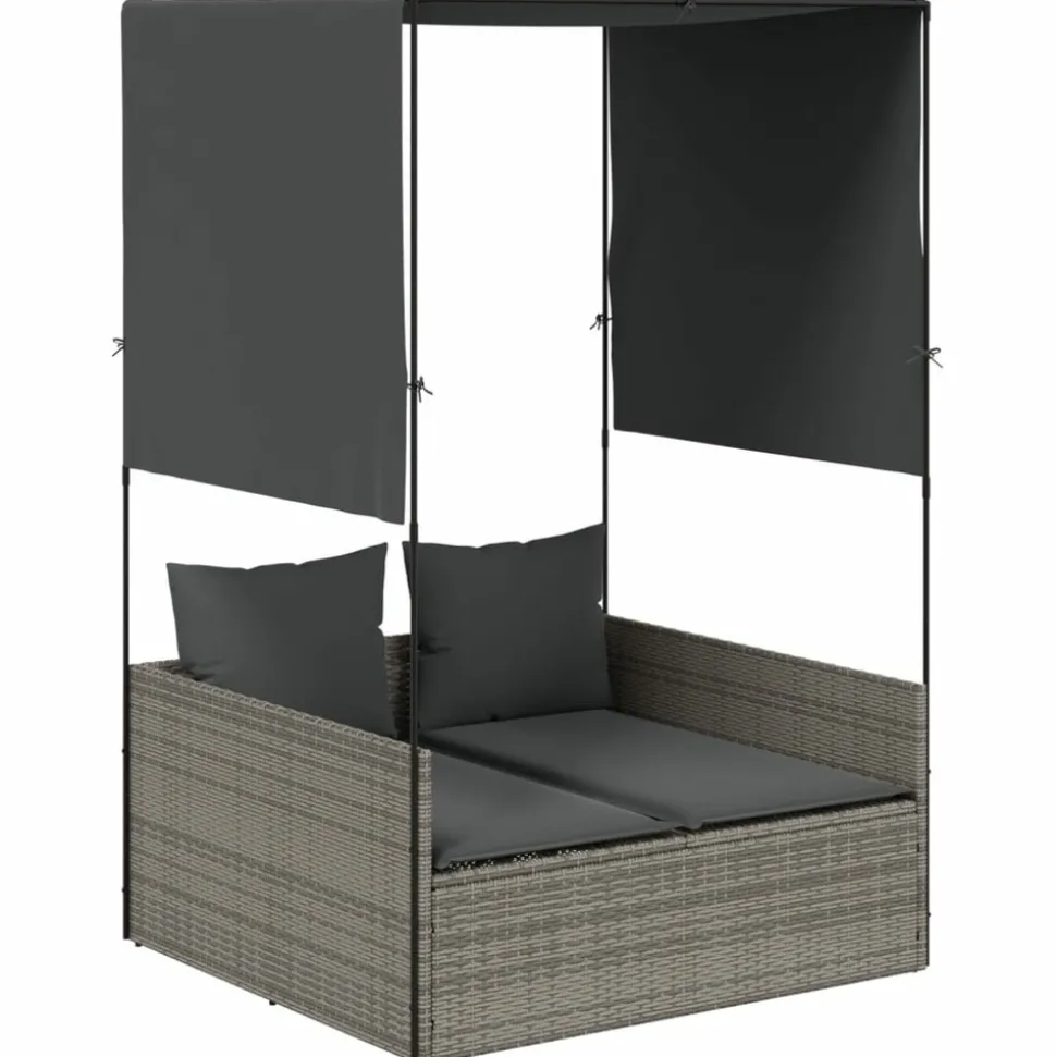MAISON EXCLUSIVE - Chaise longue double avec toit et rideaux gris résine tressée