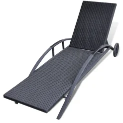 MAISON EXCLUSIVE - Chaise longue avec coussin et roues résine tressée noir