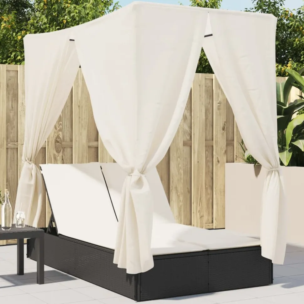 MAISON EXCLUSIVE - Chaise longue double avec toit et rideaux noir résine tressée