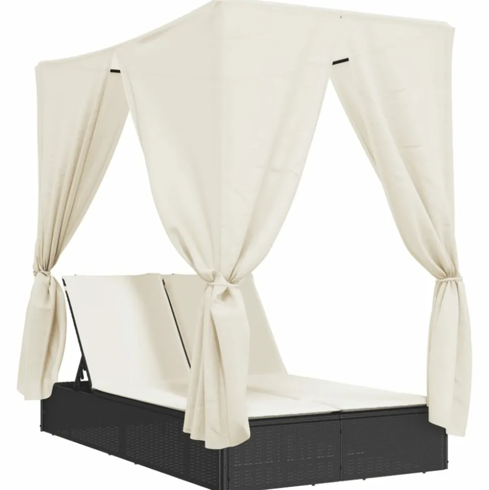 MAISON EXCLUSIVE - Chaise longue double avec toit et rideaux noir résine tressée