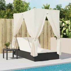 MAISON EXCLUSIVE - Chaise longue double avec toit et rideaux noir résine tressée