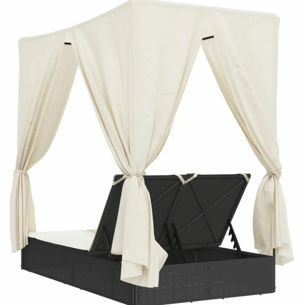 MAISON EXCLUSIVE - Chaise longue double avec toit et rideaux noir résine tressée
