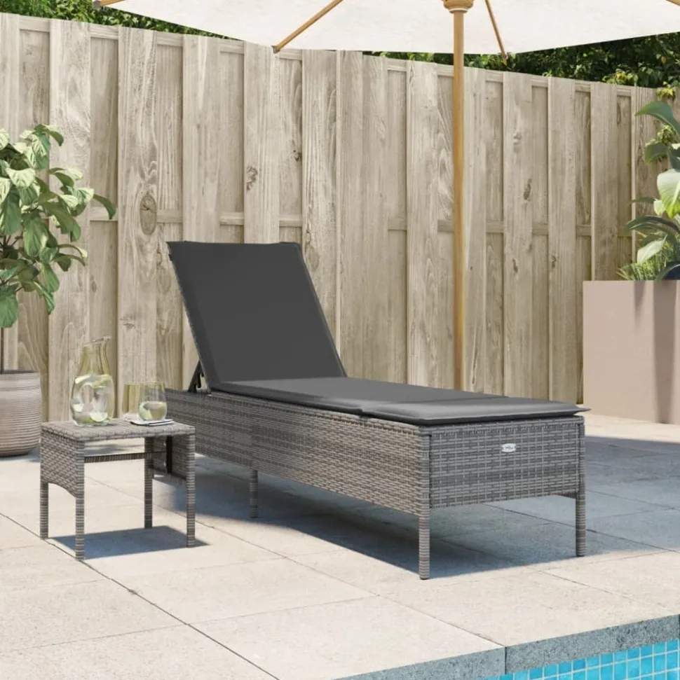 MAISON EXCLUSIVE - Chaise longue avec table et coussin gris résine tressée