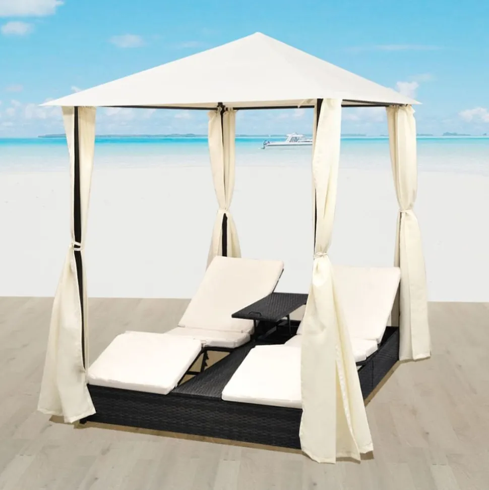 MAISON EXCLUSIVE - Chaise longue double avec rideaux résine tressée noir