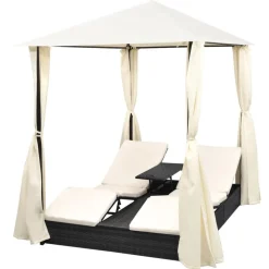 MAISON EXCLUSIVE - Chaise longue double avec rideaux résine tressée noir