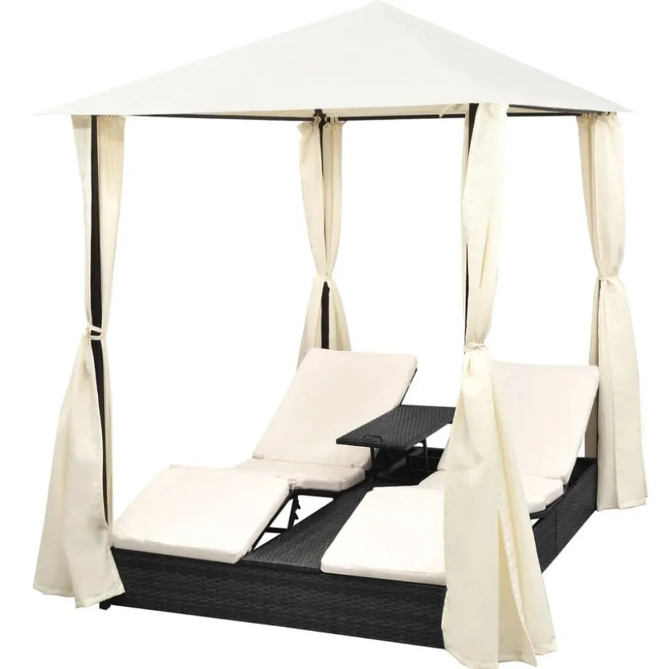 MAISON EXCLUSIVE - Chaise longue double avec rideaux résine tressée noir