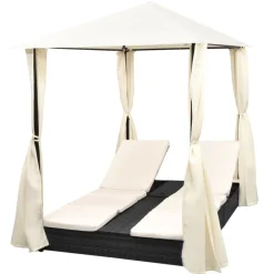 MAISON EXCLUSIVE - Chaise longue double avec rideaux résine tressée noir