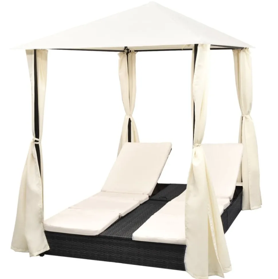 MAISON EXCLUSIVE - Chaise longue double avec rideaux résine tressée noir