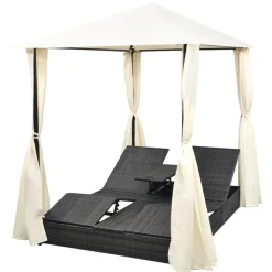MAISON EXCLUSIVE - Chaise longue double avec rideaux résine tressée noir