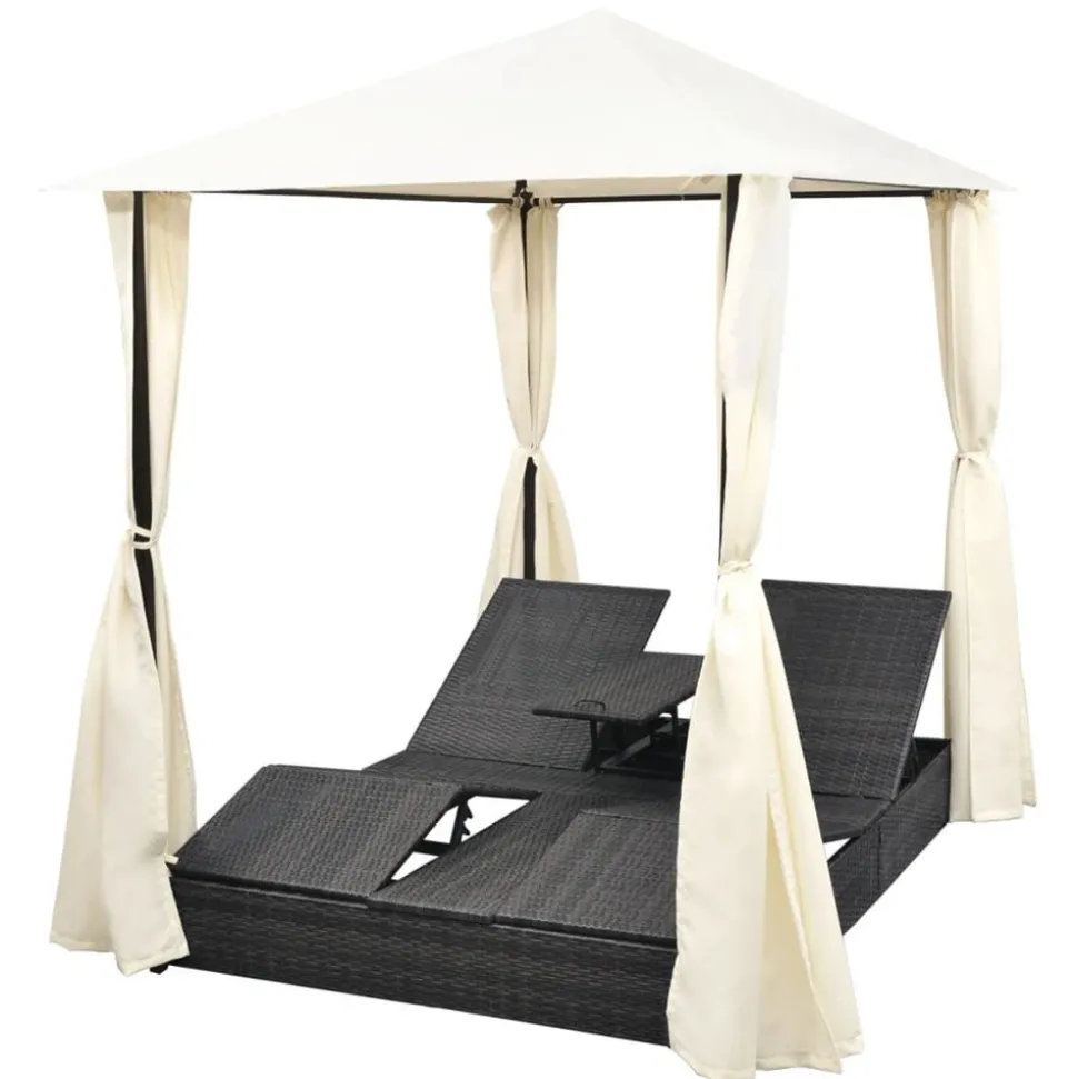 MAISON EXCLUSIVE - Chaise longue double avec rideaux résine tressée noir