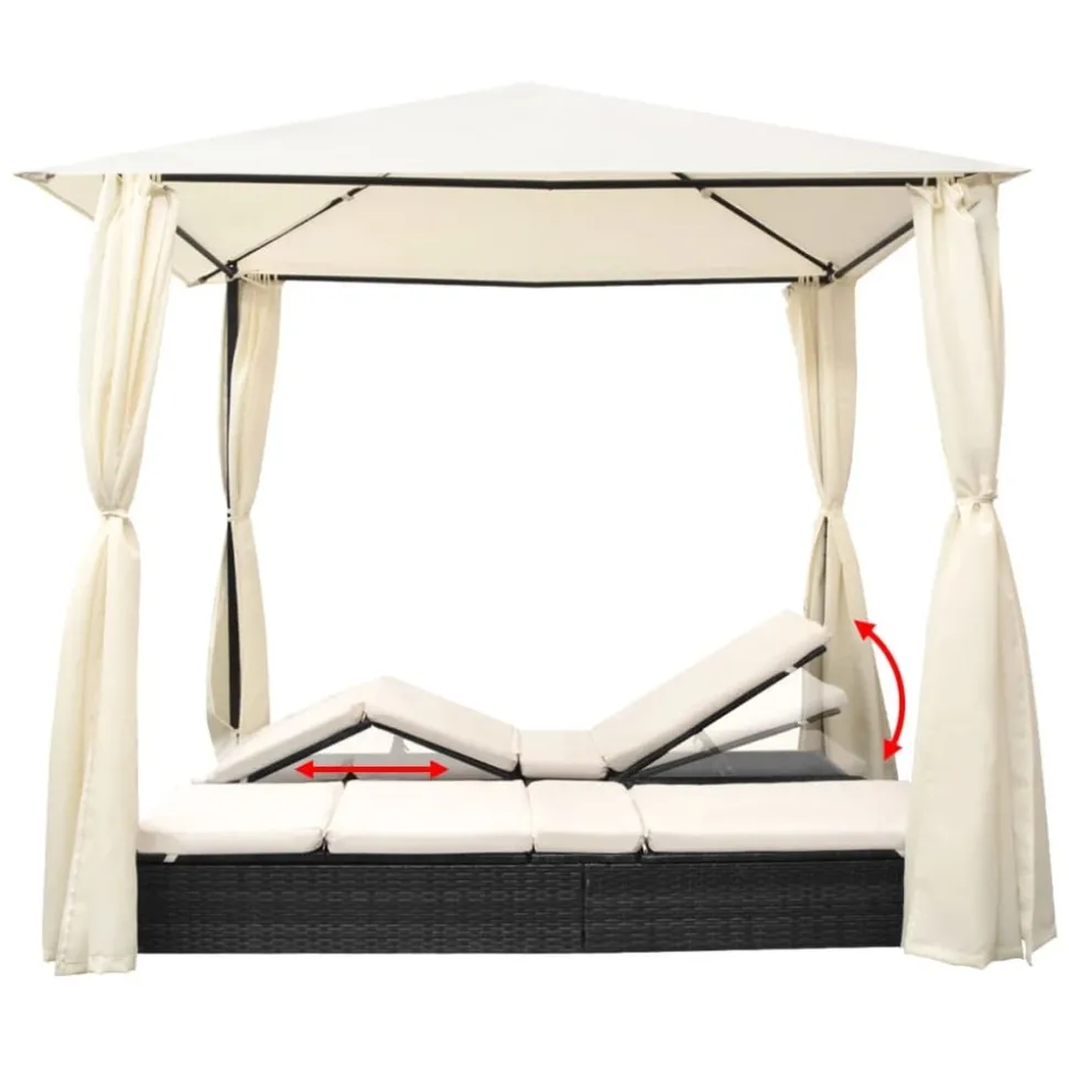 MAISON EXCLUSIVE - Chaise longue double avec rideaux résine tressée noir
