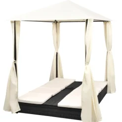 MAISON EXCLUSIVE - Chaise longue double avec rideaux résine tressée noir