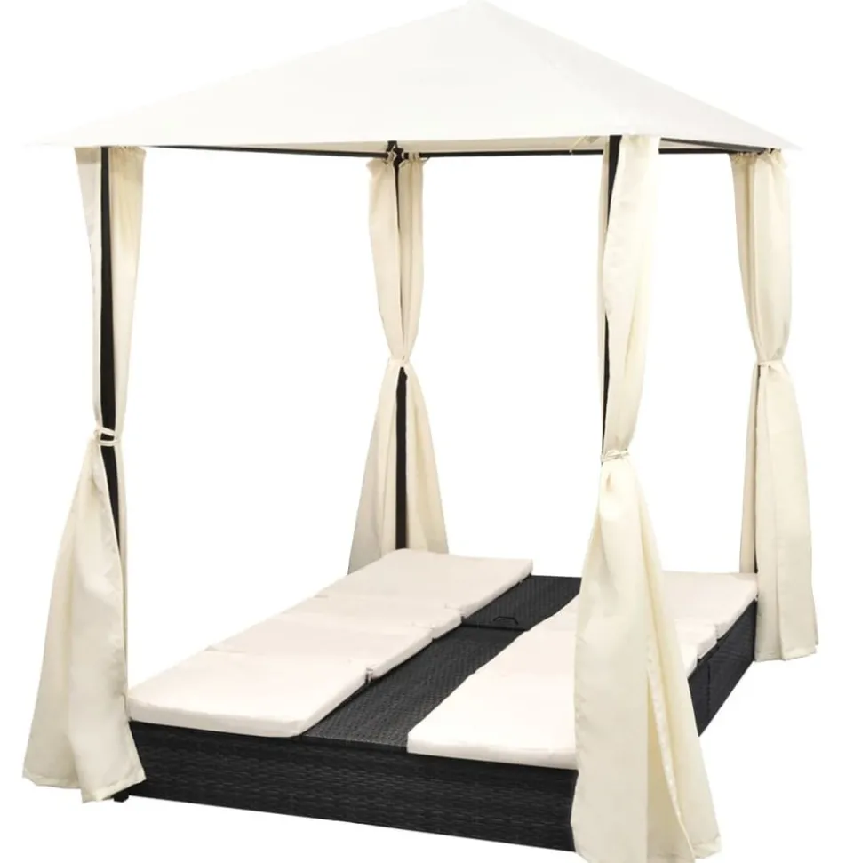 MAISON EXCLUSIVE - Chaise longue double avec rideaux résine tressée noir