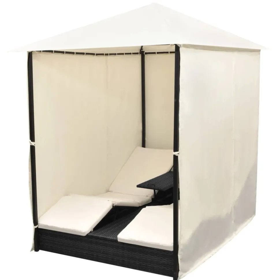 MAISON EXCLUSIVE - Chaise longue double avec rideaux résine tressée noir