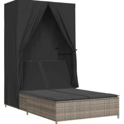 MAISON EXCLUSIVE - Chaise longue double avec toit et rideaux gris résine tressée