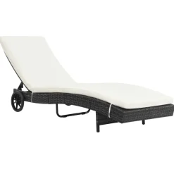 MAISON EXCLUSIVE - Chaise longue avec roues et coussin résine tressée noir