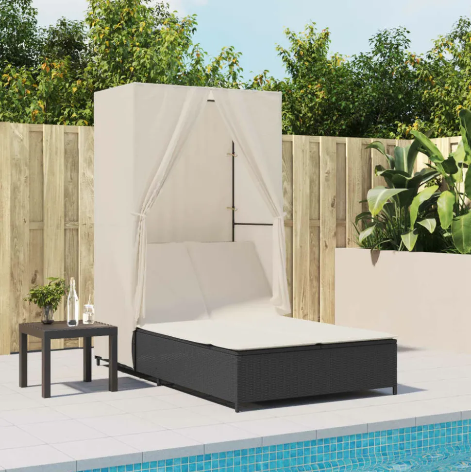 MAISON EXCLUSIVE - Chaise longue double avec toit et rideaux noir résine tressée