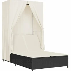MAISON EXCLUSIVE - Chaise longue double avec toit et rideaux noir résine tressée
