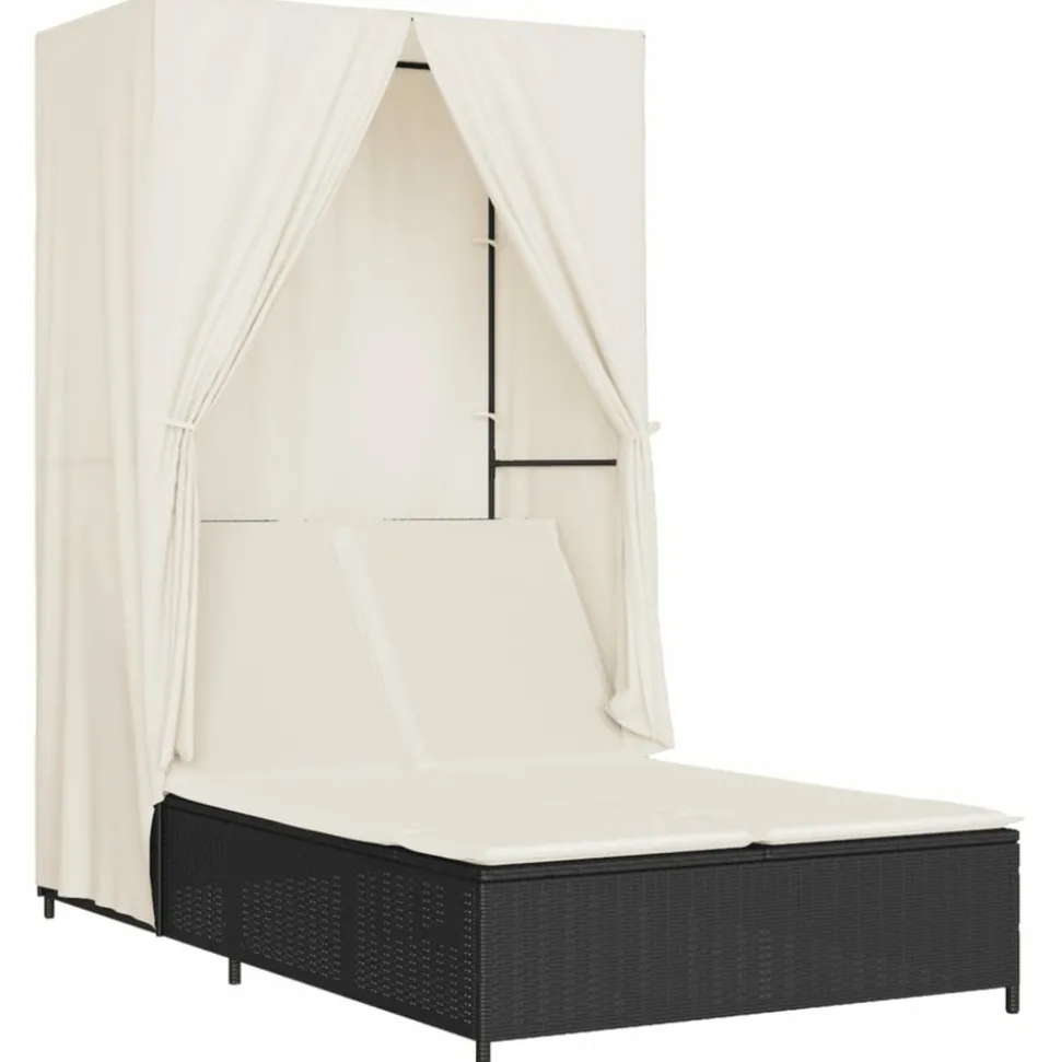 MAISON EXCLUSIVE - Chaise longue double avec toit et rideaux noir résine tressée