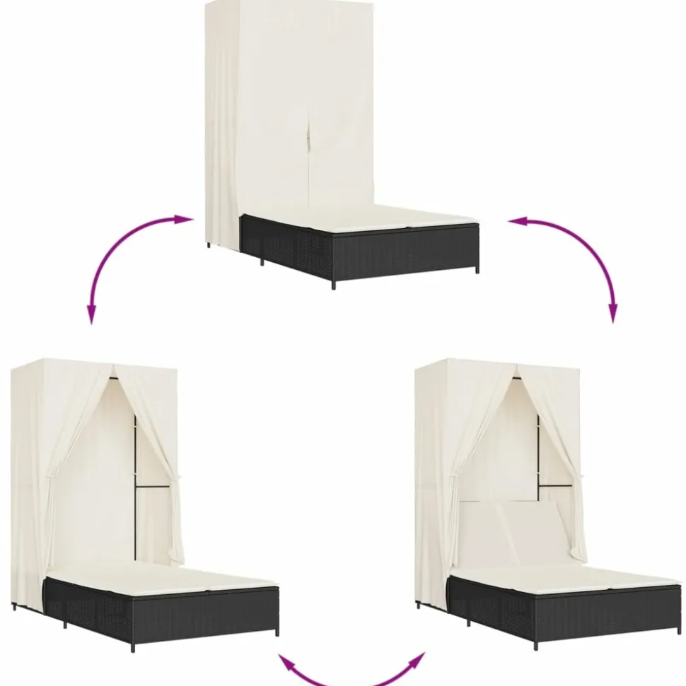 MAISON EXCLUSIVE - Chaise longue double avec toit et rideaux noir résine tressée