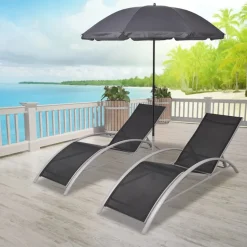 MAISON EXCLUSIVE - Chaises longues et parasol aluminium noir