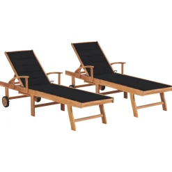 MAISON EXCLUSIVE - Chaises longues lot de 2 avec coussin noir bois de teck solide