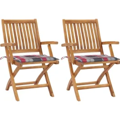 MAISON EXCLUSIVE - Chaises de jardin lot de 2 avec coussins à carreaux rouge teck