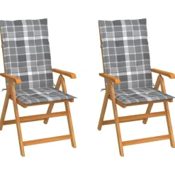 MAISON EXCLUSIVE - Chaises de jardin lot de 2 et coussins à carreaux gris teck