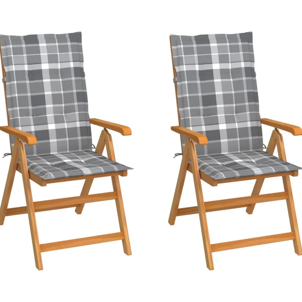 MAISON EXCLUSIVE - Chaises de jardin lot de 2 et coussins à carreaux gris teck