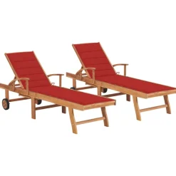 MAISON EXCLUSIVE - Chaises longues lot de 2 avec coussin rouge bois de teck solide