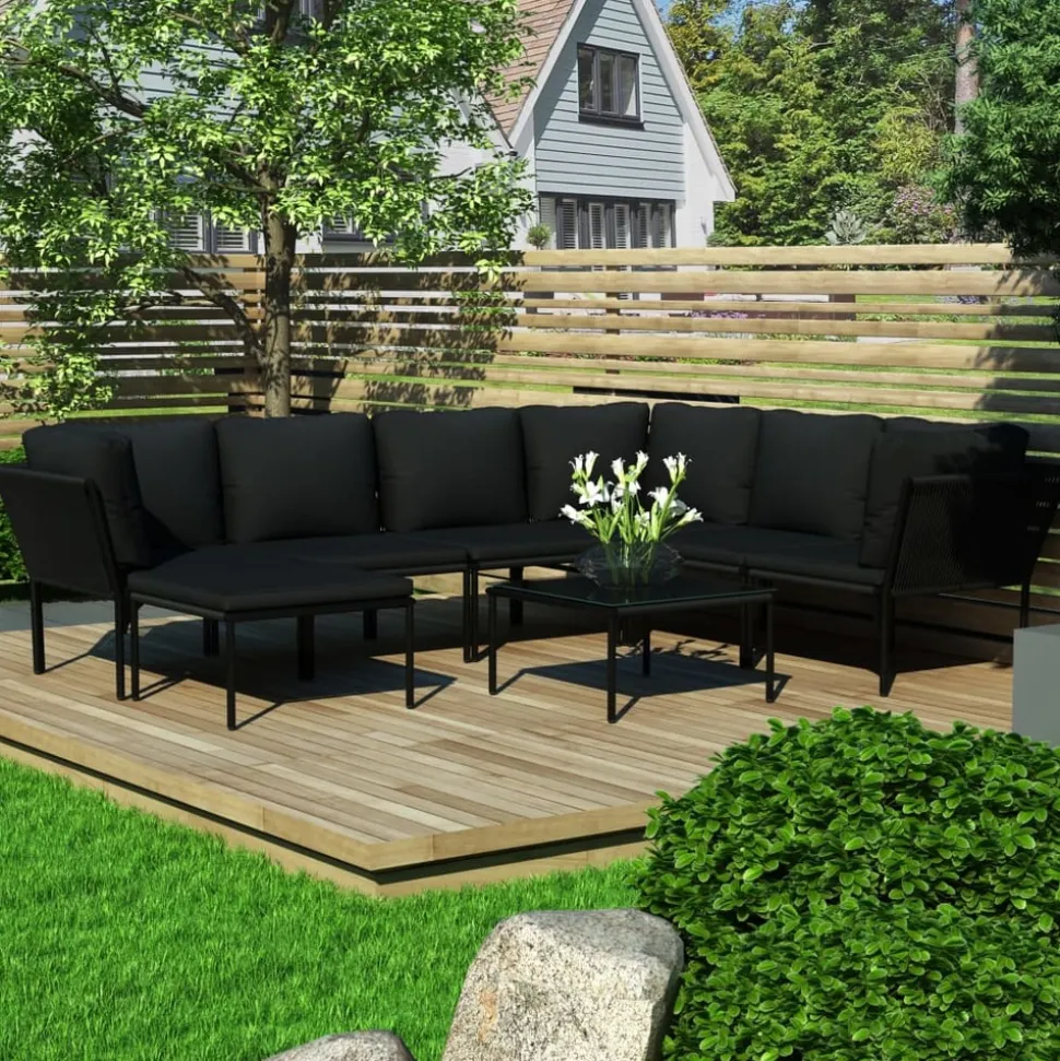 MAISON EXCLUSIVE - Salon de jardin 8 pcs avec coussins noir pvc