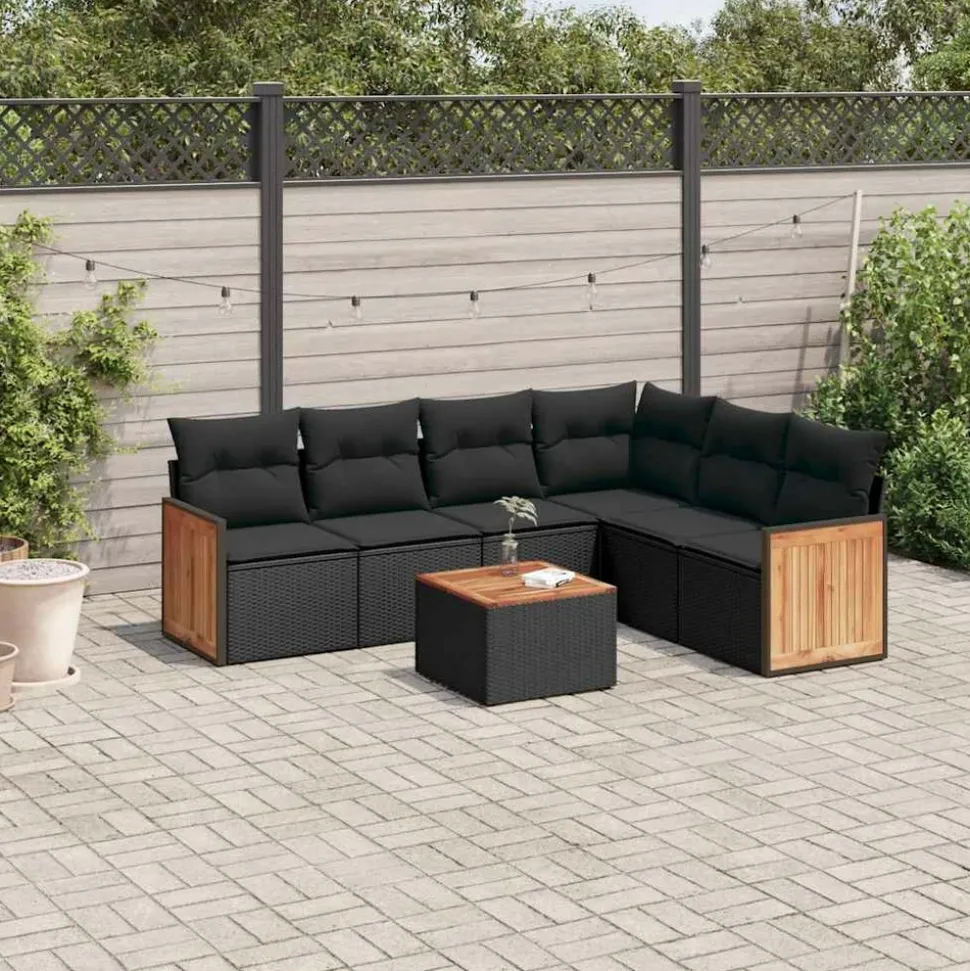 MAISON EXCLUSIVE - Salon de jardin 7 pcs avec coussins noir résine tressée