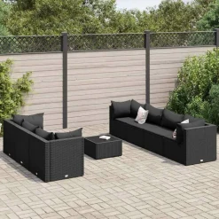 MAISON EXCLUSIVE - Salon de jardin 8 pcs avec coussins noir résine tressée