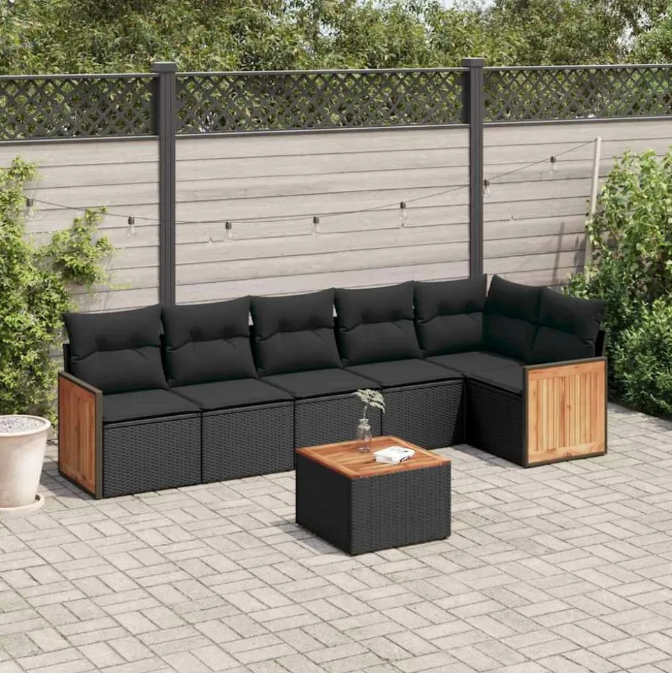 MAISON EXCLUSIVE - Salon de jardin 7 pcs avec coussins noir résine tressée