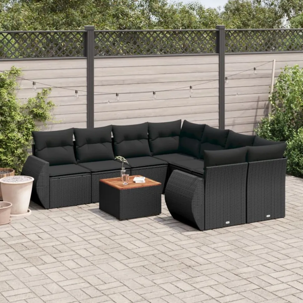 MAISON EXCLUSIVE - Salon de jardin 9 pcs avec coussins noir résine tressée