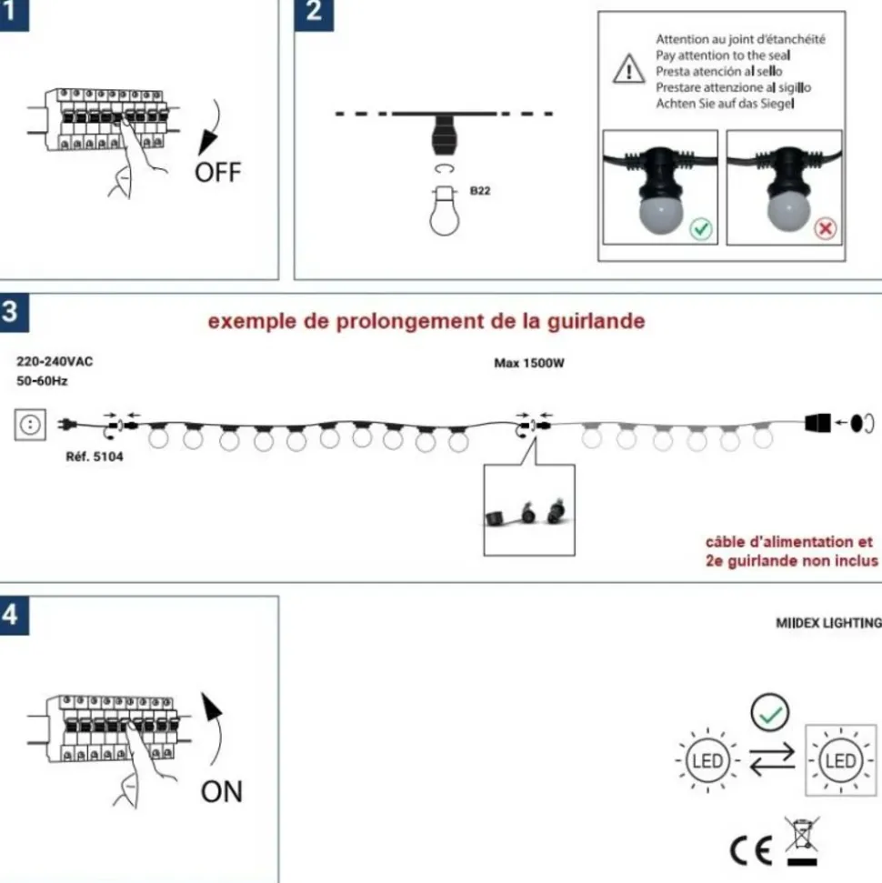 MIIDEX - Guirlande guinguette 10 culots b22 10m extérieur connectable câble plat noir miidex