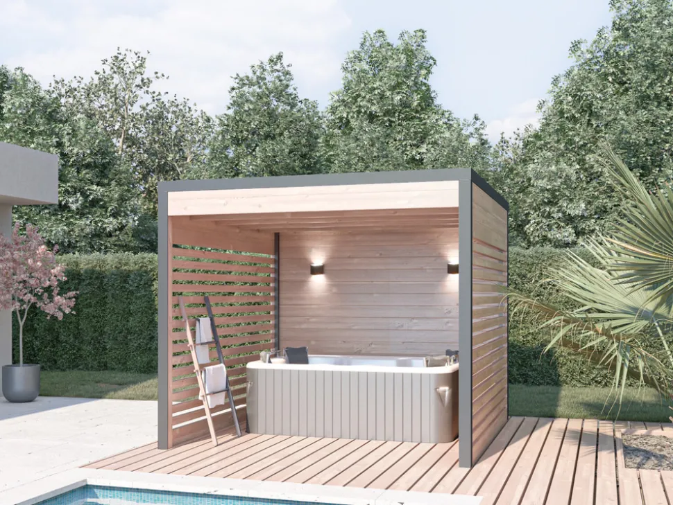 MON CHALET DE JARDIN - Studio de jardin DESIGN 9m² - Bois Douglas épaisseur 55mm - Porte coulissante alu - Toiture Bacacier avec voliges ss toiture