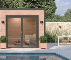MON CHALET DE JARDIN - Studio de jardin DESIGN 9m² - Bois Douglas épaisseur 55mm - Porte coulissante alu - Toiture Bacacier avec voliges ss toiture