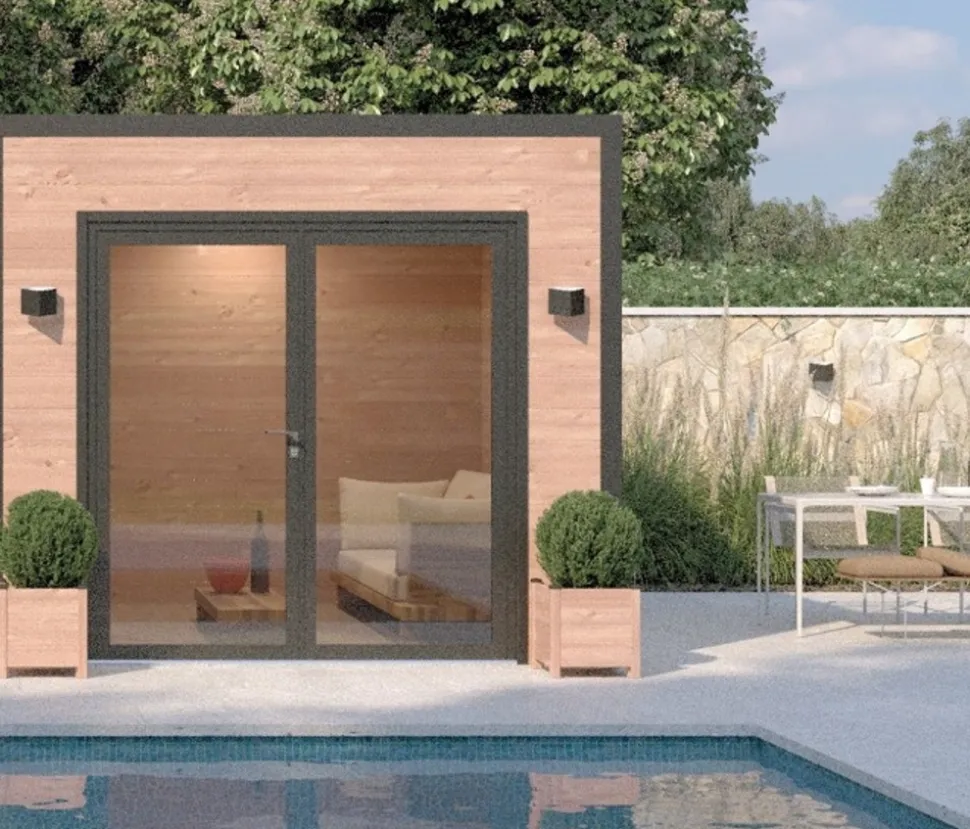 MON CHALET DE JARDIN - Studio de jardin DESIGN 9m² - Bois Douglas épaisseur 55mm - Porte coulissante alu - Toiture Bacacier avec voliges ss toiture