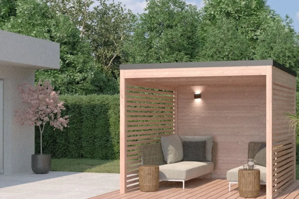 MON CHALET DE JARDIN - Studio de jardin DESIGN 9m² - Bois Douglas épaisseur 55mm - Porte coulissante alu - Toiture Bacacier avec voliges ss toiture