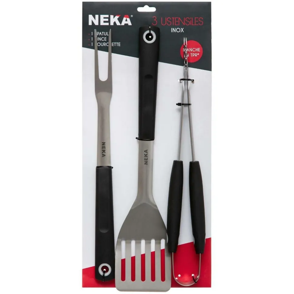 NEKA - Lot de 3 ustensiles pour barbecue pince fourchette et spatule