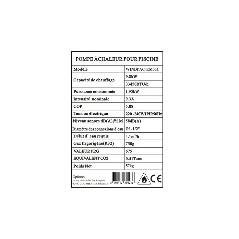 Optimea pompe à chaleur piscine monophasé 9,8kw - windpac-em55c